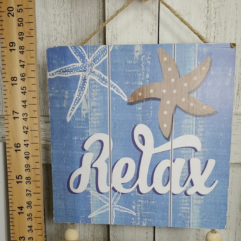 Beach Relax & Unwind Wall Decor Sign & Blue Candle Holder Bottle